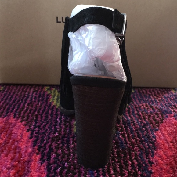 Lucky brand leather fringe peep toe slides - Picture 3 of 5